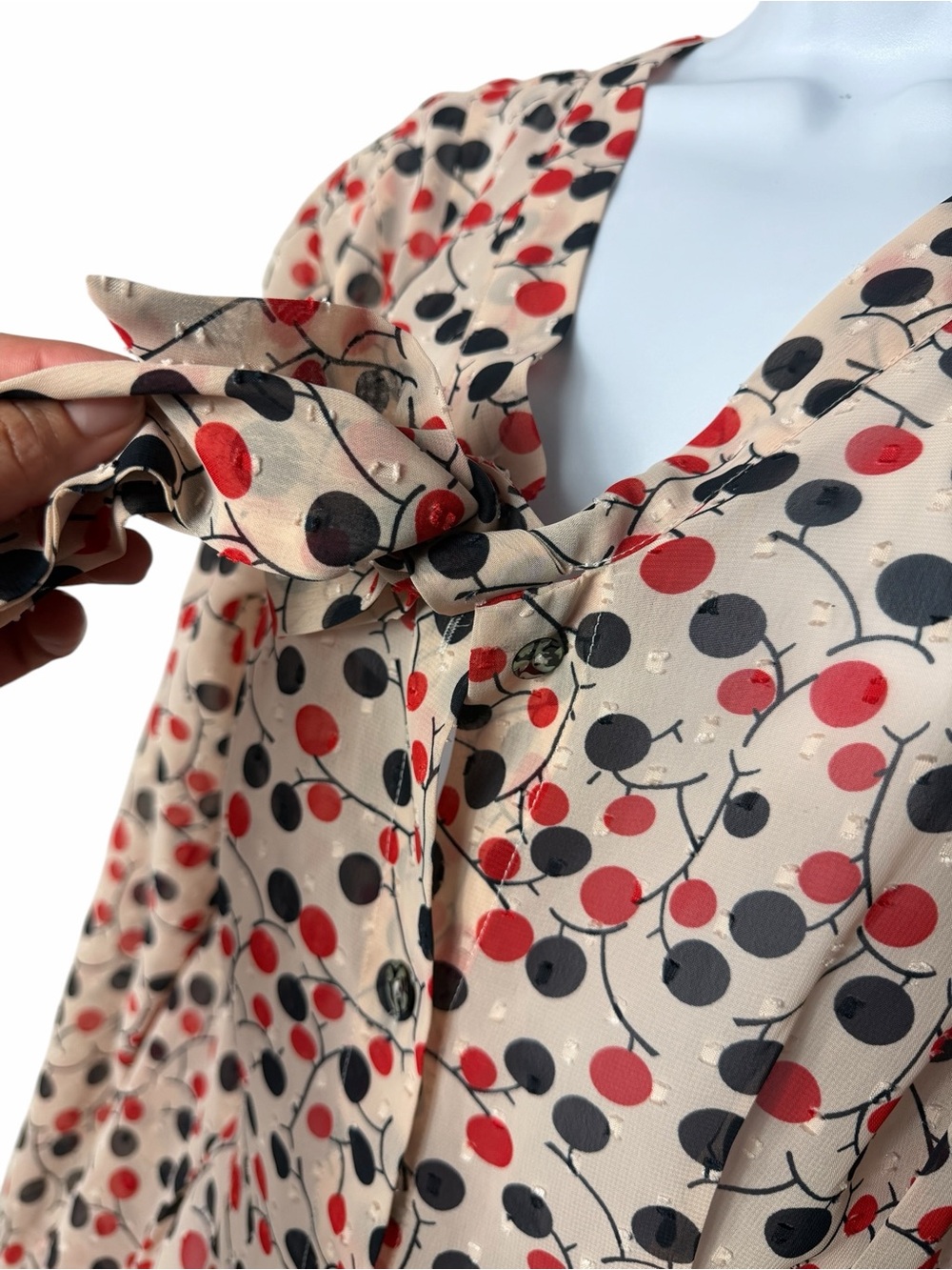 Sheer Blush/Tan With Red And Black Bettie Page By Tatyana Blouse Size Large - Picture 3 of 8